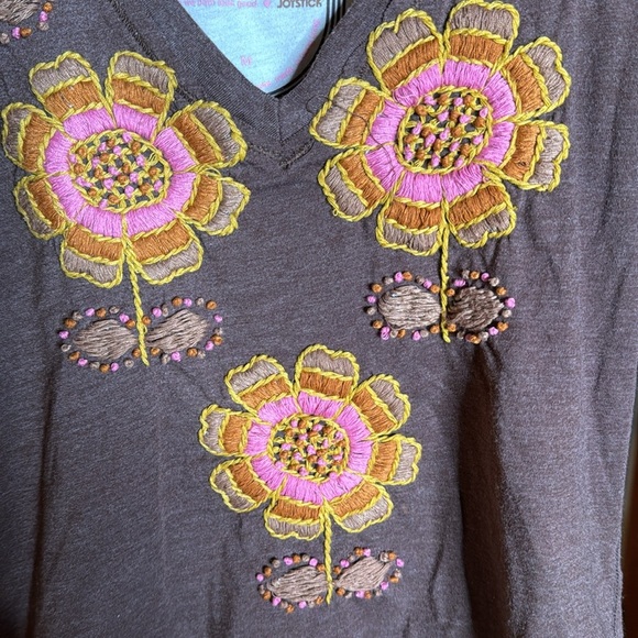 Johnny Was Brown Long Sleeve Tee with Floral Embroidery - Picture 6 of 11